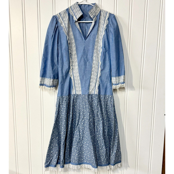 70s Vintage Dress Collared Neck Blue & White Laced Peplum Mini Long Handmade - Picture 1 of 12